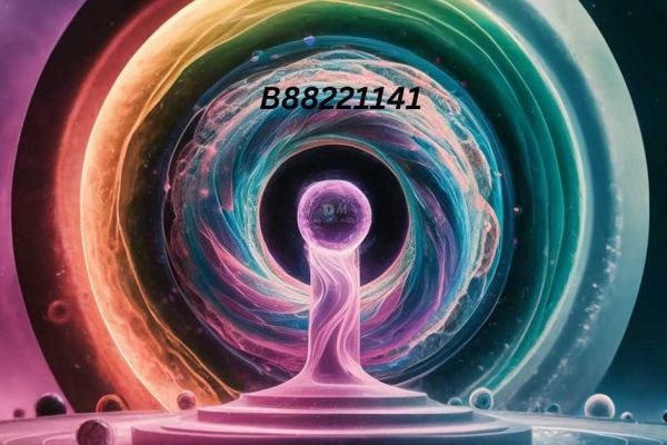 A vibrant, abstract digital artwork featuring swirling colors and a glowing central orb. The image includes concentric rings in shades of pink, orange, green, and blue surrounding the orb, with the text "B88221141" in black at the top center of the image.