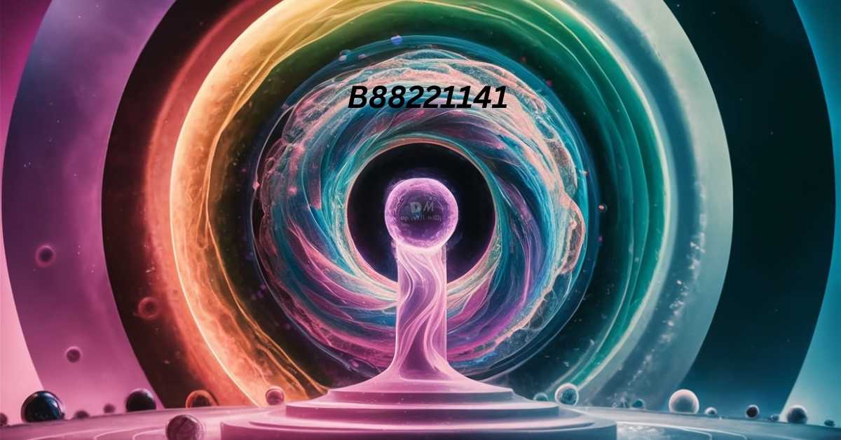 A vibrant, abstract digital artwork featuring swirling colors and a glowing central orb. The image includes concentric rings in shades of pink, orange, green, and blue surrounding the orb, with the text "B88221141" in black at the top center of the image.