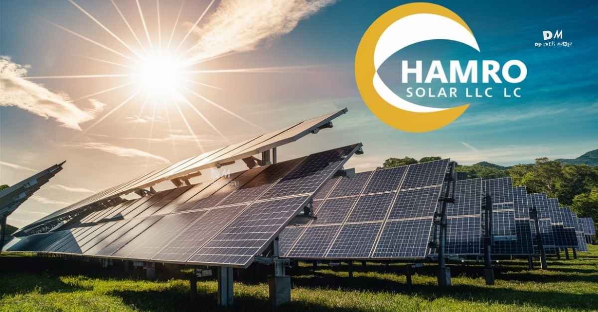 Solar panels in a green field absorbing sunlight under a clear blue sky, with the logo of "Hamro Solar LLC" displayed prominently in the top right corner.