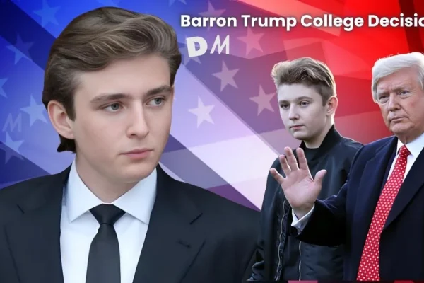 Image of Barron Trump and Donald Trump against an American flag background, with the text 'Barron Trump College Decision' highlighting the topic.