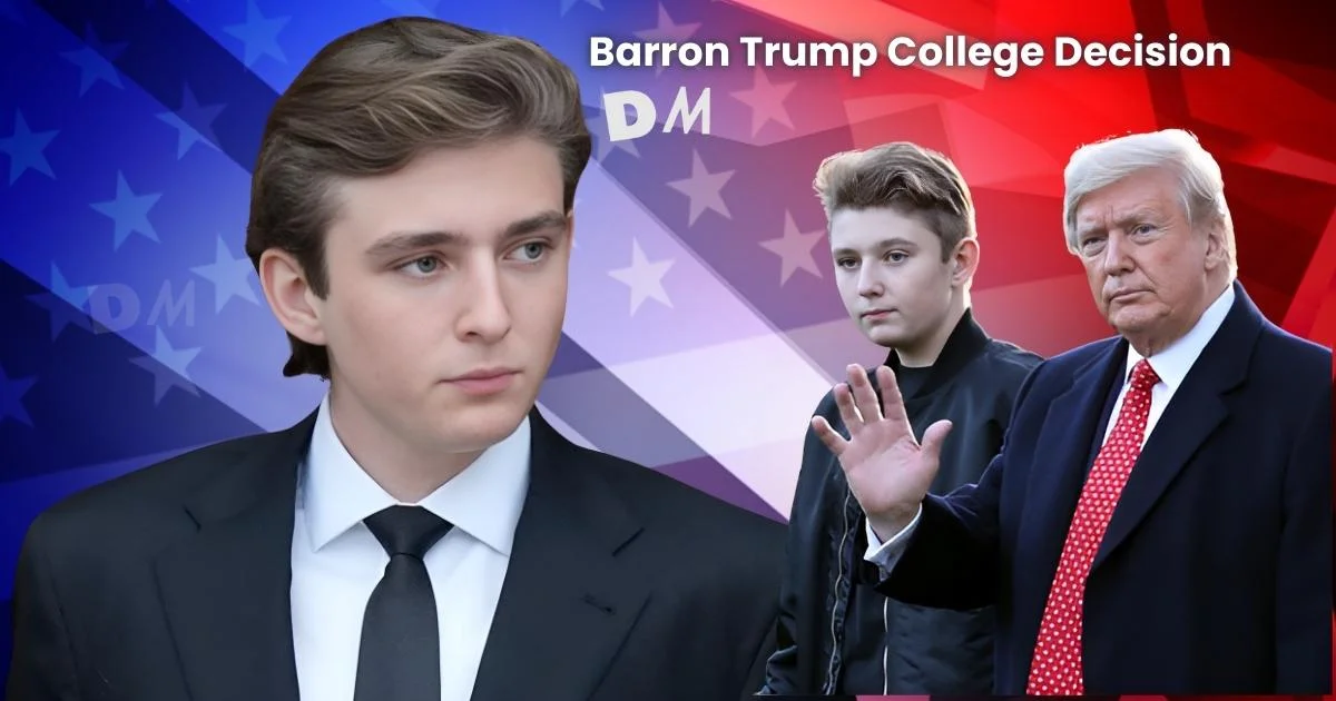 Image of Barron Trump and Donald Trump against an American flag background, with the text 'Barron Trump College Decision' highlighting the topic.